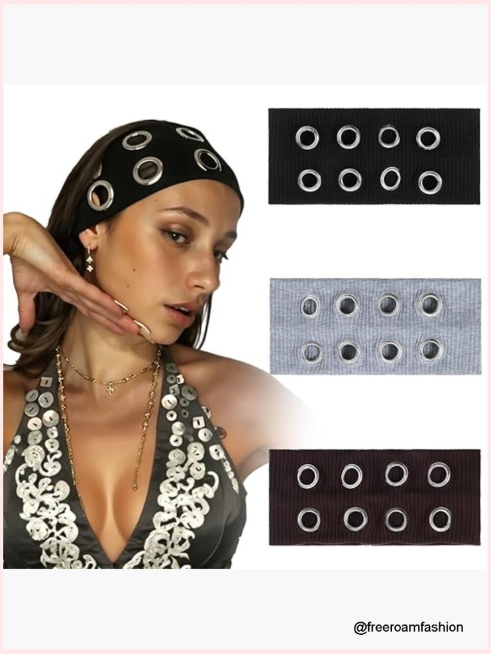 3-Pack Hollow Out Eyelets Elastic Headbands, Punk Grunge Wide Stretchy Hair